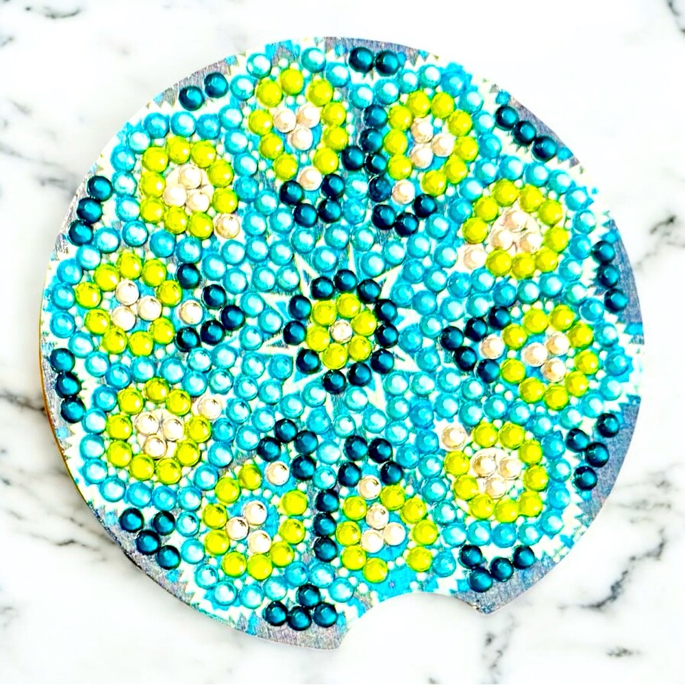 Colorful Car Coaster Hand Crafted & Sealed Diamond Art Cork Backing 2.8” Round